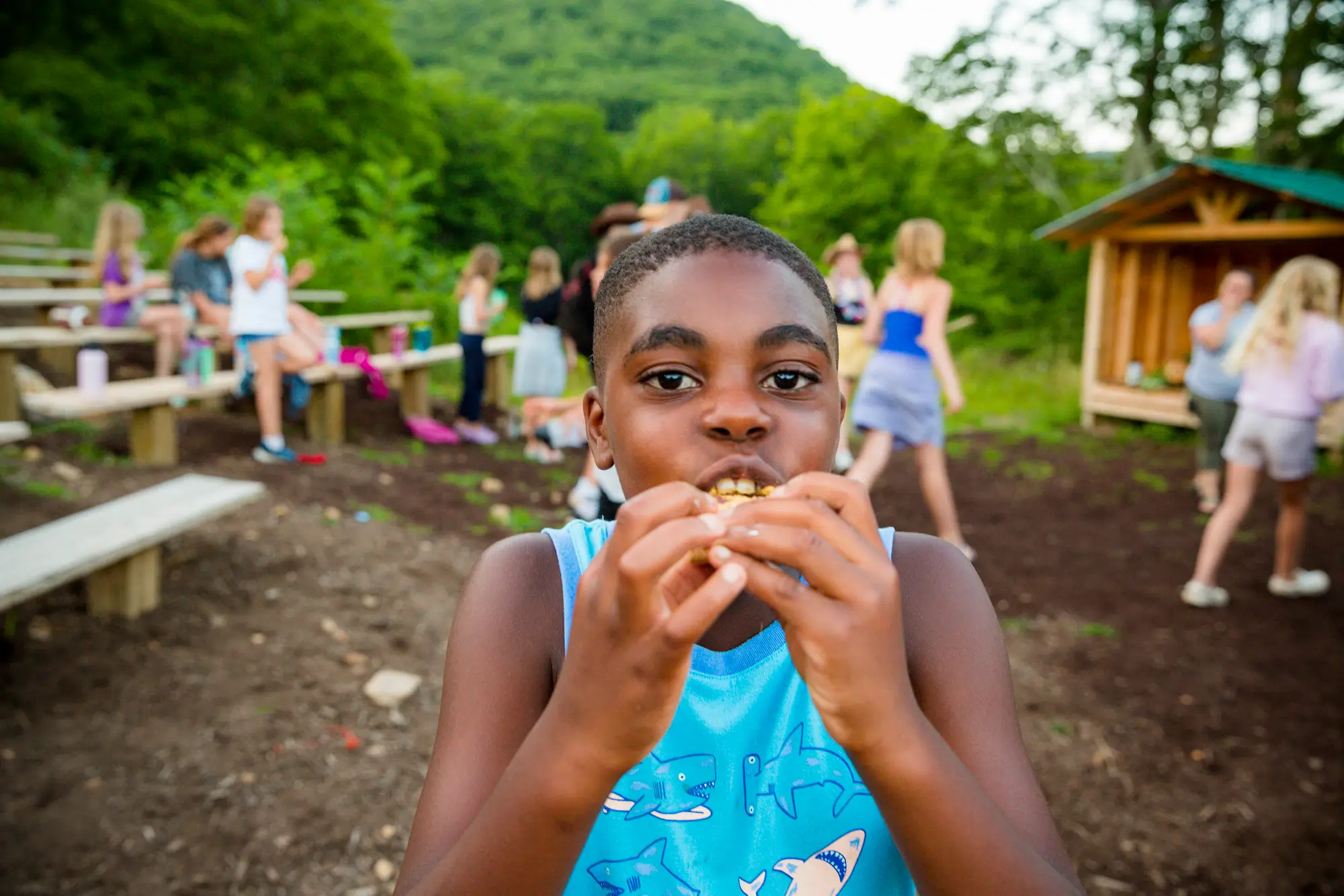 Camper eating outside